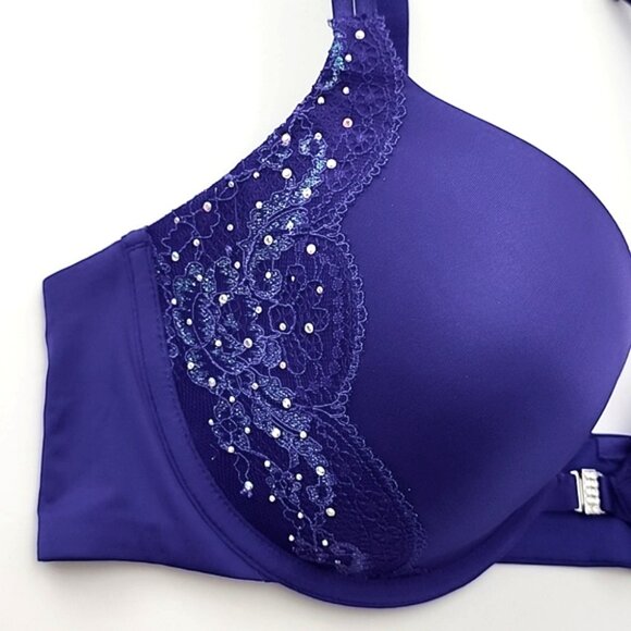 ⭐️2/ $40⭐️ La SENZA Underwire Push-Up Bra Deep Purple Rhinestones Lace Size 38B - Picture 9 of 16